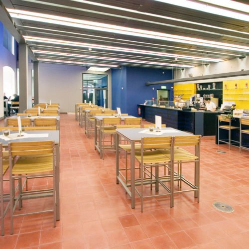 Zementfliesen verlegt in einer Cafeteria in Hameln | Unifliesen in der Farbe Kupfer (M11) | Referenznummer: 1150