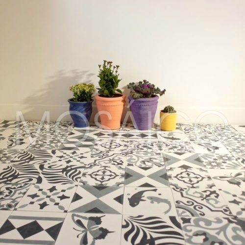 Schwarz-Weiß Fliesen Patchwork | Mosaico Zementfliesen Patchwork Elegance