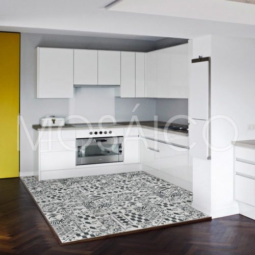 Schwarz-Weiß Fliesen Patchwork Küchenboden | Mosaico Zementfliesen Patchwork Elegance