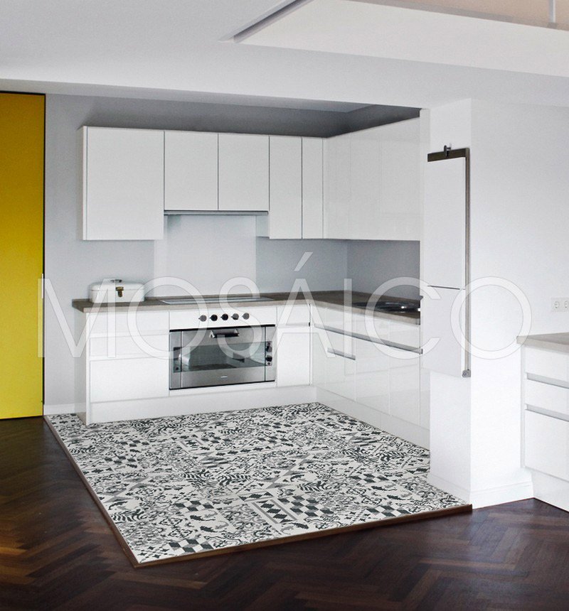 Schwarz-Weiß Fliesen Patchwork Küchenboden | Mosaico Zementfliesen Patchwork Elegance