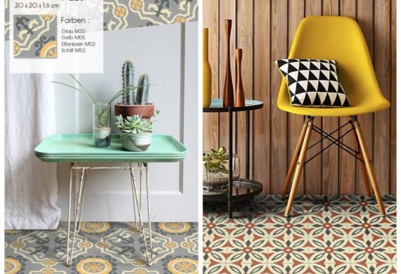 Beispiele für Retro-Design mit Vintage-Fliesenmustern aus unserem Favoriten-Katalog (Muster F 223 und F 161)